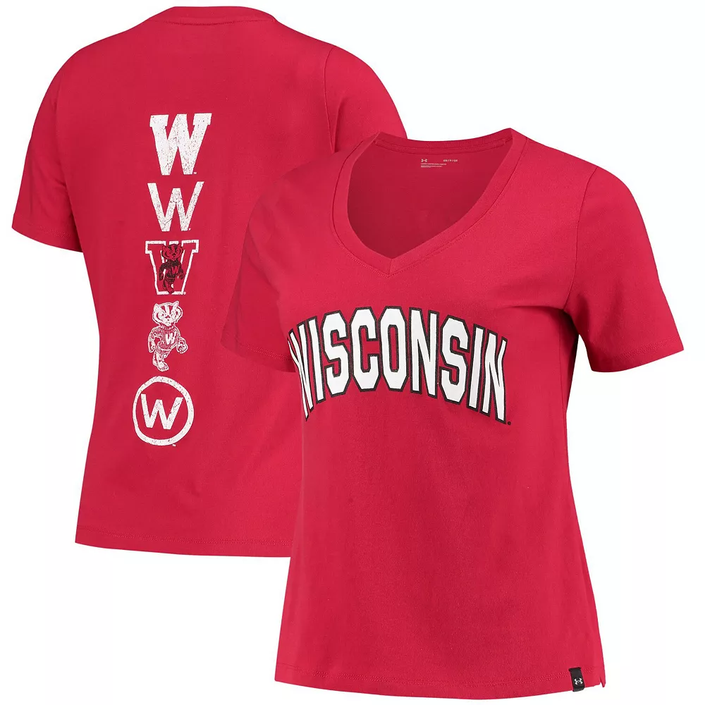 Women's Under Armour Red Wisconsin Badgers Spine Print V-Neck T-Shirt 1 Women's Under Armour Red Wisconsin Badgers Spine Print V-Neck T-Shirt