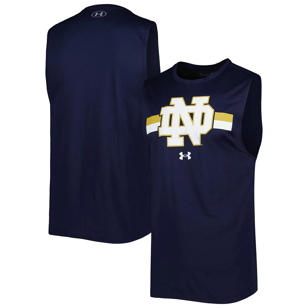 Men's Under Armour Navy Notre Dame Fighting Irish Logo Striped Tech Performance Tank Top 1 Men's Under Armour Navy Notre Dame Fighting Irish Logo Striped Tech Performance Tank Top