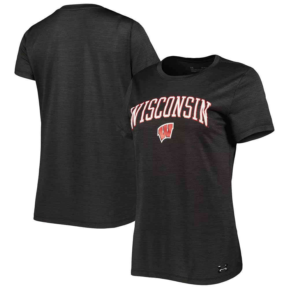 Women's Under Armour Heather Black Wisconsin Badgers Vent Tech Arch Logo Performance T-Shirt 1 Women's Under Armour Heather Black Wisconsin Badgers Vent Tech Arch Logo Performance T-Shirt